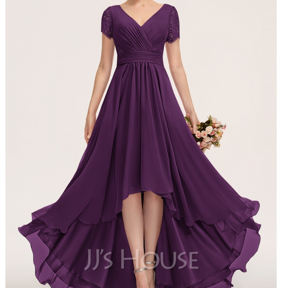 JJ’s House A-Line V-neck Chiffon Lace Bridesmaid Dress Ruffle #190720